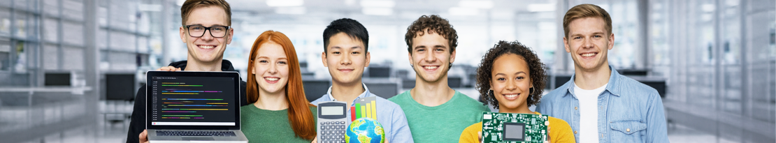 Sechs Informatikstudierende präsentieren Laptop mit Code, Elektronik und technische Modelle