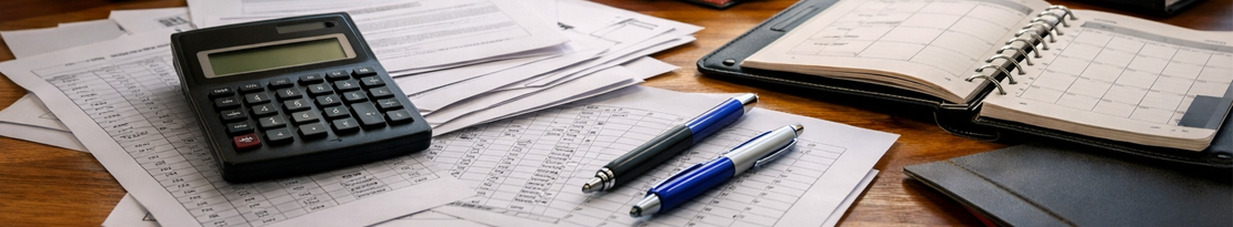 Taschenrechner, Stifte und geordnete Unterlagen liegen auf einem Schreibtisch neben einem geöffneten Kalender.