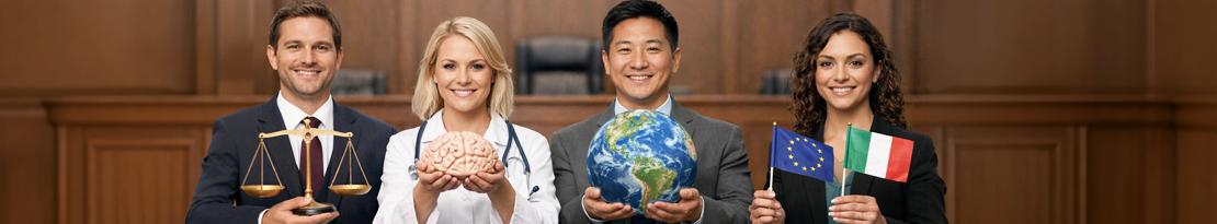 Vier Personen stehen vor einem Gerichtssaal und halten symbolische Gegenstände für verschiedene rechtswissenschaftliche Studienrichtungen