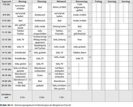 Zu sehen ist eine Wochenplan, aufgeteilt in die verschiedenen Wochentage und den Tageszeiten. In der Tabelle sind unterschiedliche Aktivitäten eingetragen, u.a. Sofa, TV, Bad, Abendessen, Enkelkinder, Spaziergang mit Tochter. 