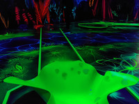 Man sieht eine neongrün leuchtende Minigolf Bahn (Bild öffnet vergrößert)
