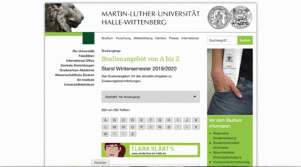 Bildschirmvideo vom Scrollen durch die Studiengangsdatenbank der Uni Halle