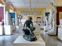 Zu sehen ist ein Museumsraum des Robertinums mit vielen verschiedenen Antiken Statuen, Fresken und Fundstücken.