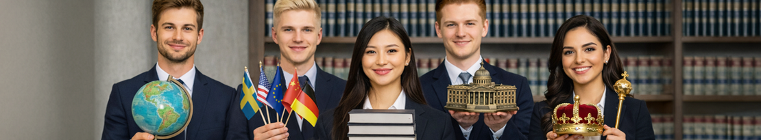 Eine Gruppe von fünf lächelnden Politikwissenschafts-Studierenden steht vor Bücherregalen; sie halten Symbole wie einen Globus, verschiedene Länderflaggen, ein Parlamentsgebäude-Modell und eine Krone in den Händen.