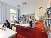 Studierende sitzen an verschiedenen Tischen im Lesesaal und studieren. An den Wänden stehen viele Bücherregale.