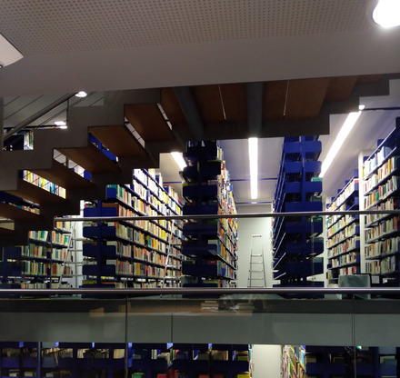 Zu sehen ist eine Regalkulisse in der Zweigbibliothek Franckesche Stiftungen der ULB der Uni Halle.