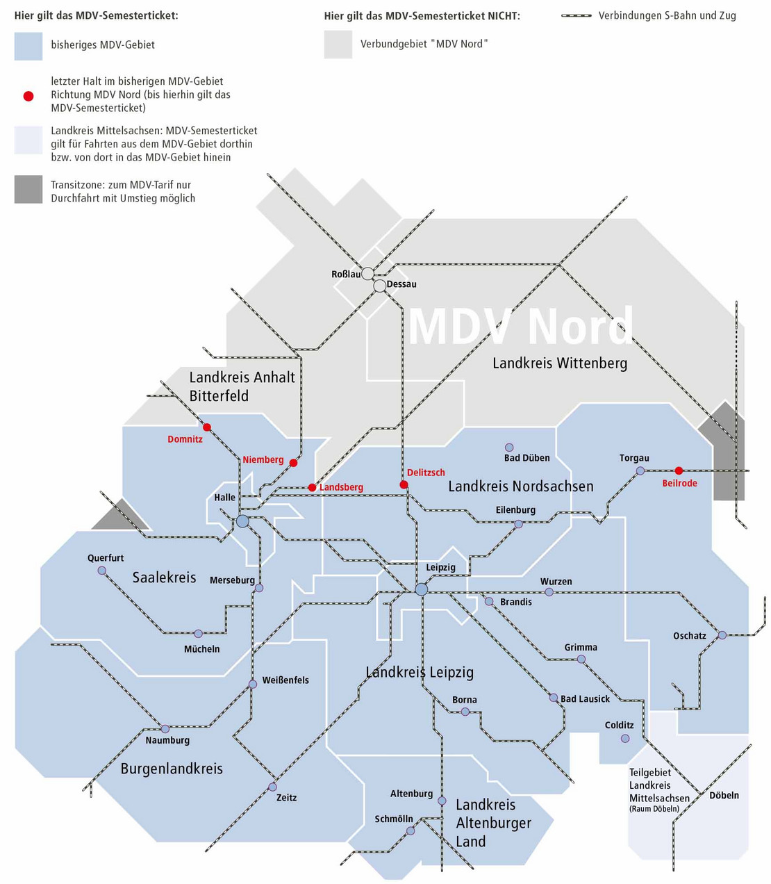 Das Ticket gilt für Zug, S-Bahn, Tram und Bus im gesamten MDV-Gebiet. Das MDV-Gebiet im Überblick