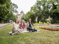 Drei junge Studentinnen lernen auf einer Decke im Park. Sie sitzen auf einer grünen Wiese neben einem großen Blumenbeet.