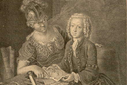Foto: Universitäts- und Landesbibliothek Sachsen-Anhalt Zu sehen ist der Ausschnitt aus einem Kupferstich von Johann Georg Wolffgang nach einem Gemälde von Antoine Pesne. Er zeigt Jean-Philippe Baratier mit der römischen Göttin Minerva.