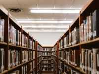 Zu sehen ist die Kulisse von Regalen in einer Bibliothek.