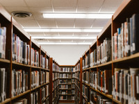 Zu sehen ist die Kulisse von Regalen in einer Bibliothek. (Bild öffnet vergrößert)