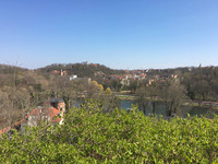 Zu sehen ist eine Stadtansicht von Halle mit Blick über die Peißnitz bis hin zum Zoo.